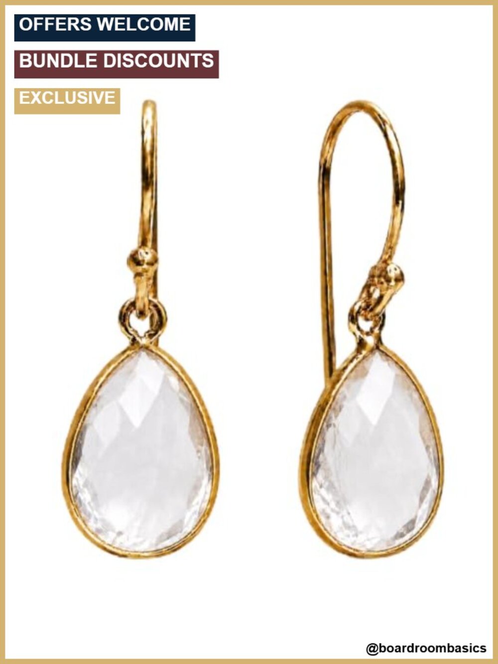 Gold Plated Clear Quartz Teardrop Drop Earrings French Wire